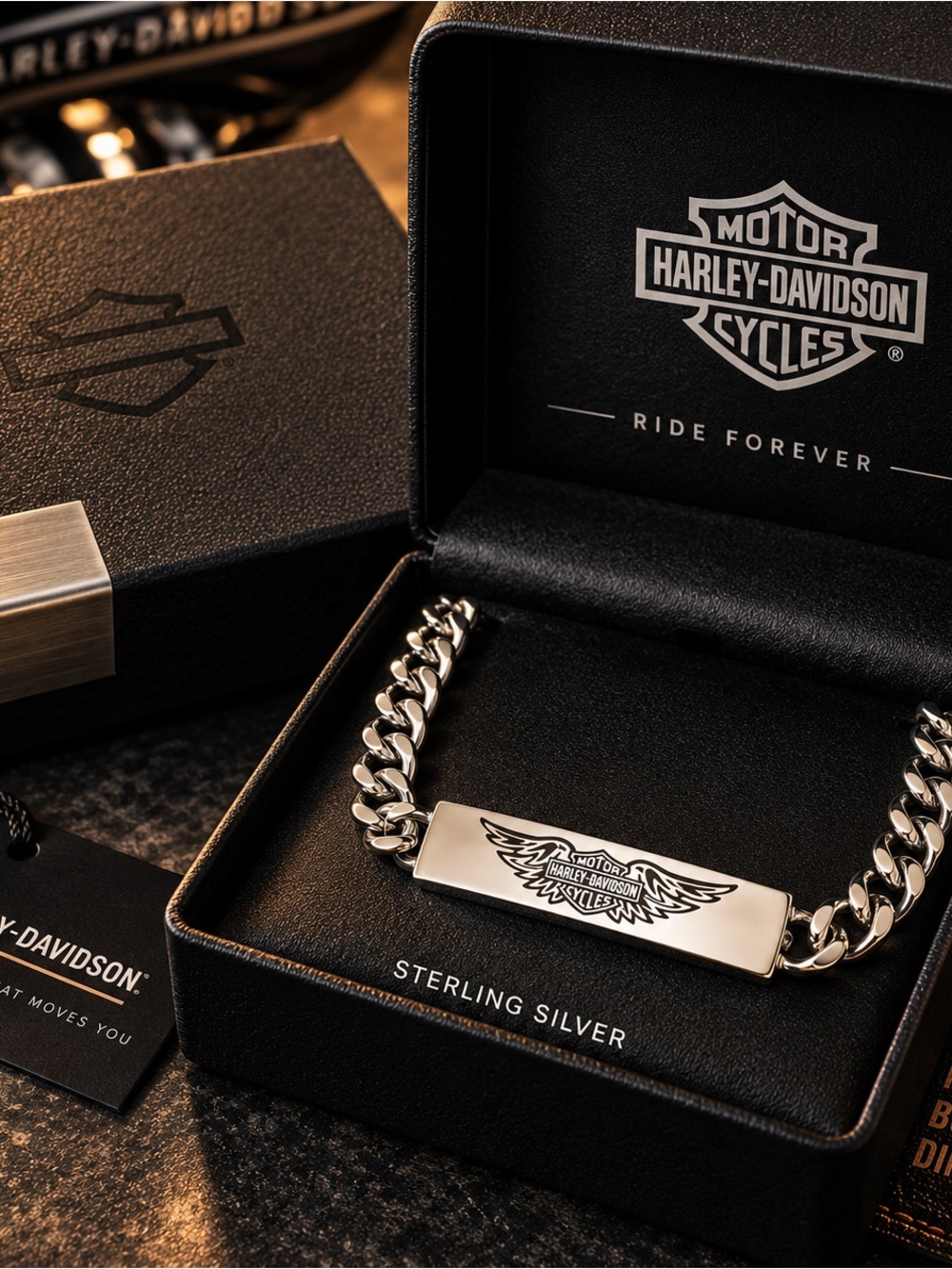 Harley-Davidson Sterling Silver ID Curb Chain Bracelet with Winged Logo